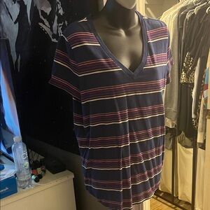 Mossimo Supply Co. Navy and Pink Striped V-Neck Tee
